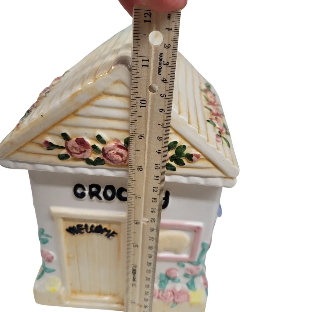 Ceramic House Shaped Grocery Store Cookie Jar‎ with Welcome Door Cottagecore